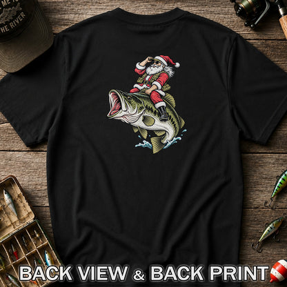 Santa Riding Largemouth Bass Christmas Fishing Graphic T-Shirt | Back Print