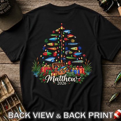 Personalized Christmas Fishing Lure Tree Name Graphic T-Shirt | Back Print