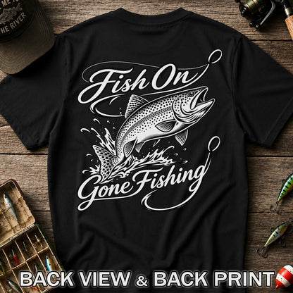 Fish On Gone Fishing Jumping Trout Graphic T-Shirt | Back Print