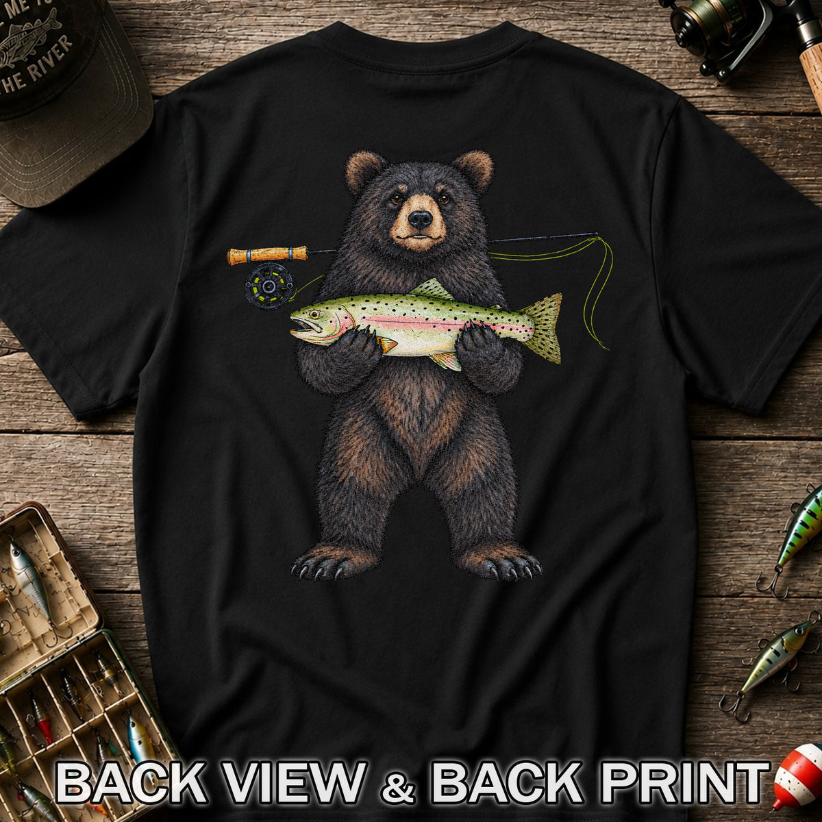 Black Bear Holding Rainbow Trout Fly Fishing Graphic T-Shirt | Back Print