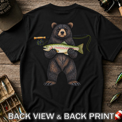 Black Bear Holding Rainbow Trout Fly Fishing Graphic T-Shirt | Back Print