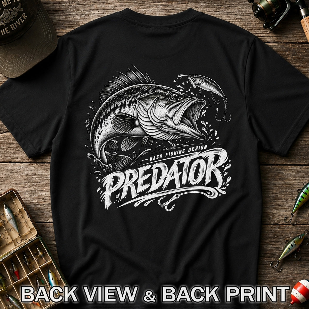 Predator Bass Fishing Design Largemouth Bass Graphic T-Shirt | Back Print