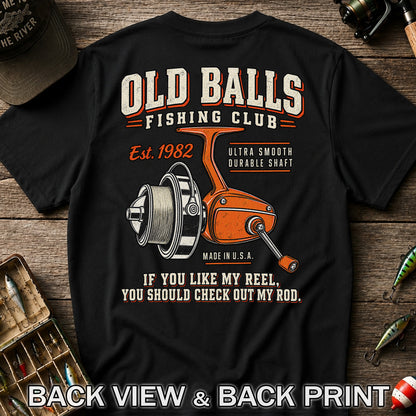 Old Balls Fishing Club Vintage Spinning Reel Graphic T-Shirt | Back Print