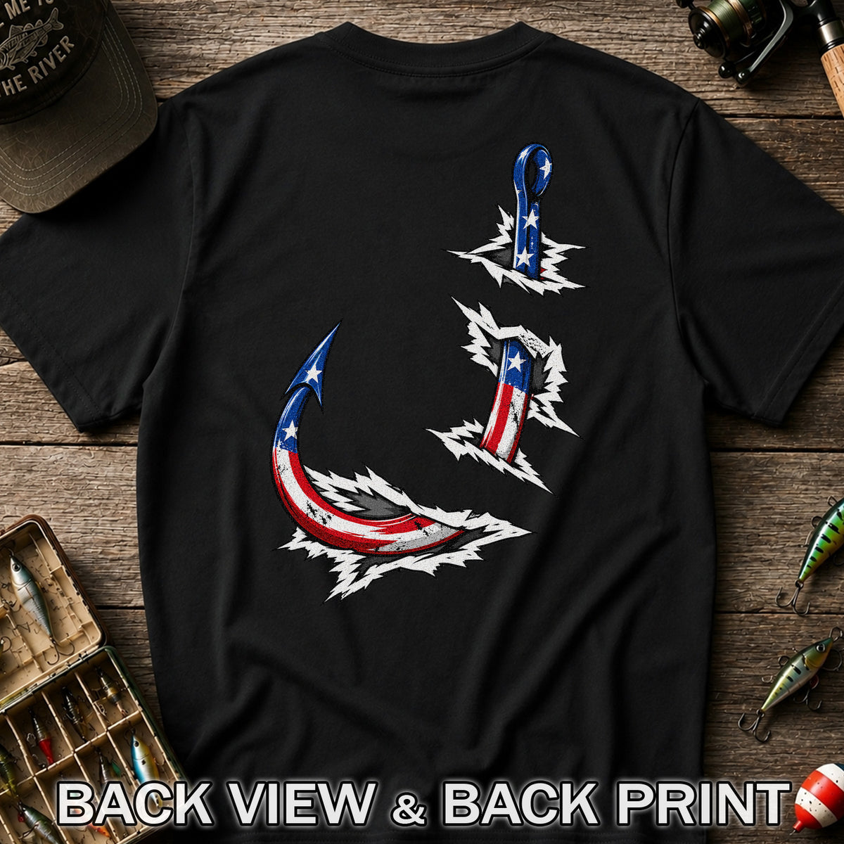 Patriotic American Flag Fishing Hooks Graphic T-Shirt | Back Print