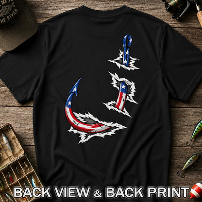 Patriotic American Flag Fishing Hooks Graphic T-Shirt | Back Print
