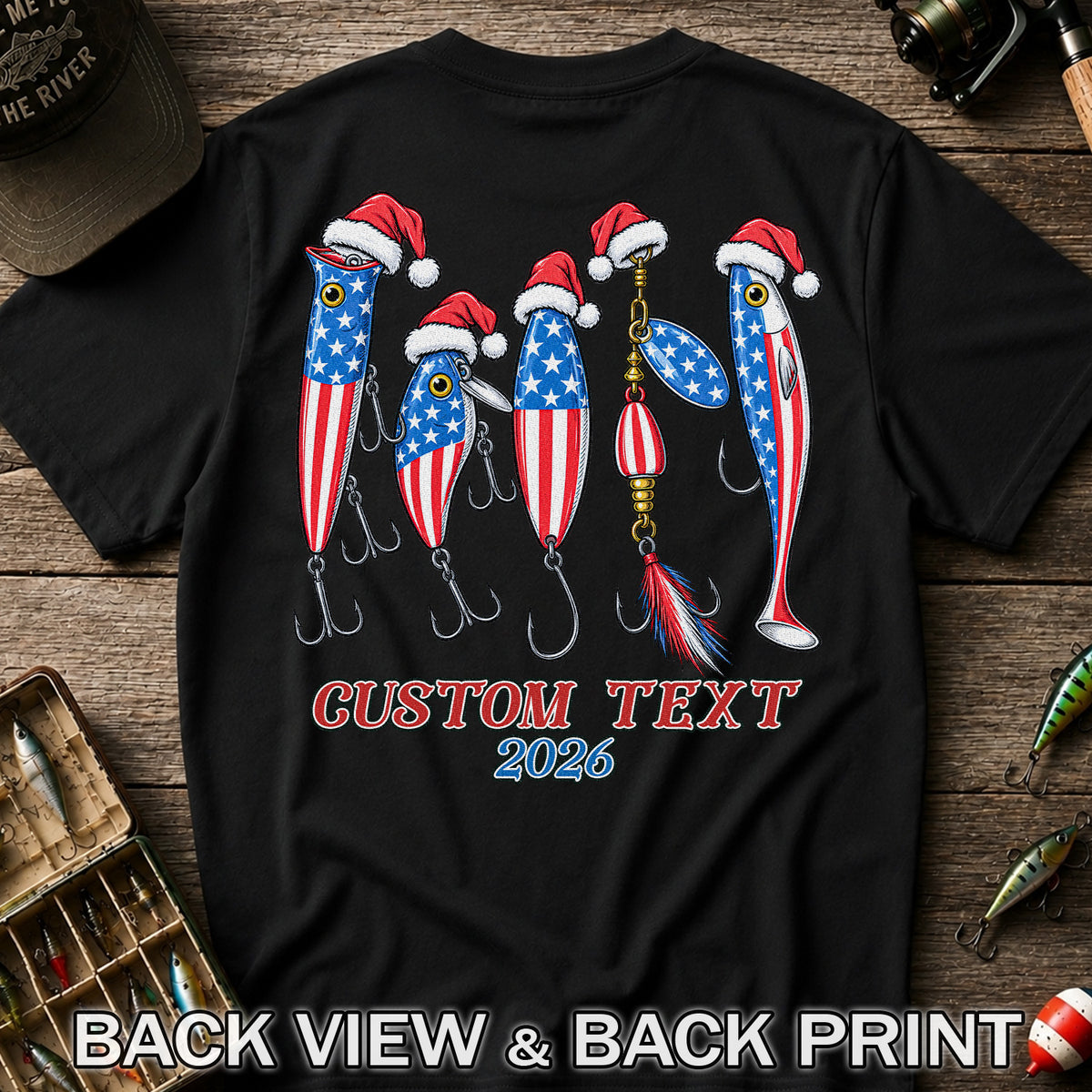 Personalized Patriotic Christmas Fishing Lures T-Shirt | Back Print