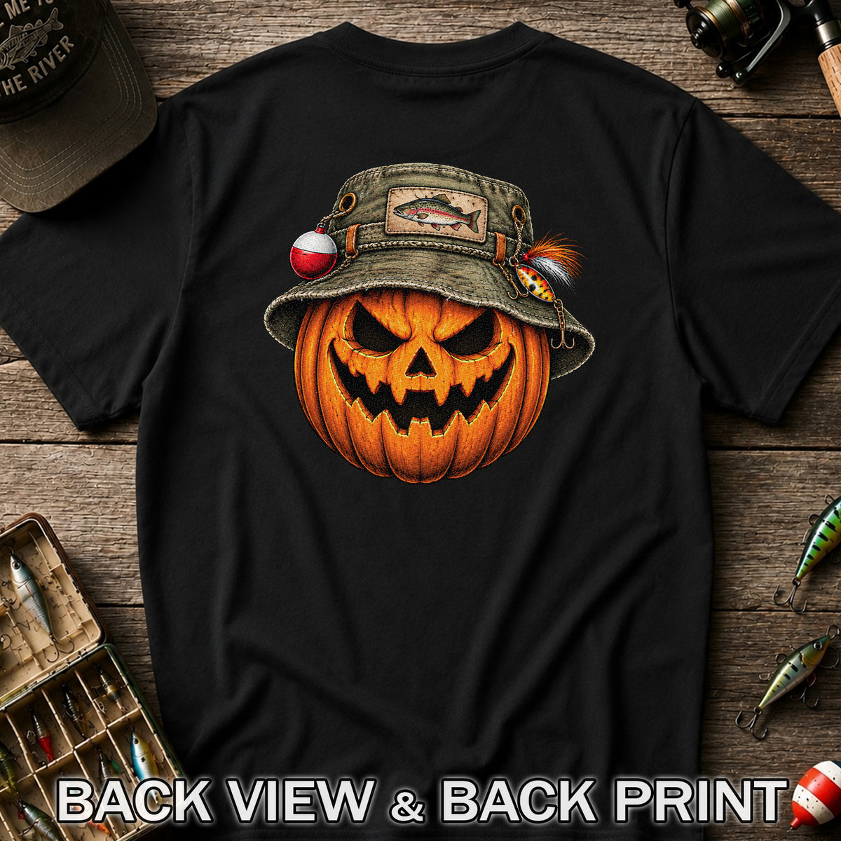Halloween Pumpkin in a Trout Fishing Hat Graphic T-Shirt | Back Print