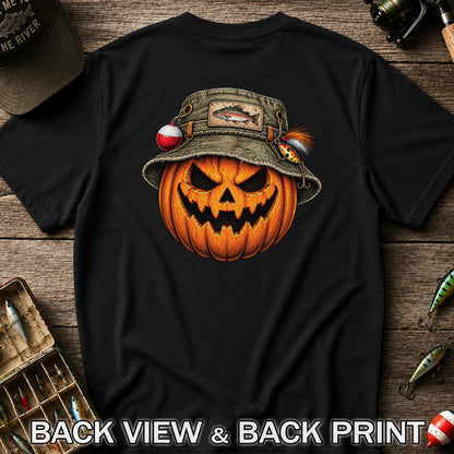 Halloween Pumpkin in a Trout Fishing Hat Graphic T-Shirt | Back Print
