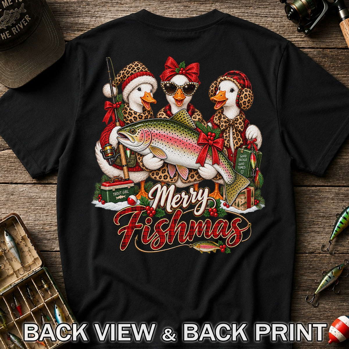 Merry Fishmas Christmas Ducks with Rainbow Trout Fishing T-Shirt | Back Print