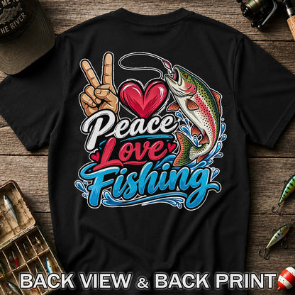 Peace Love Fishing Rainbow Trout and Heart Graphic T-Shirt | Back Print