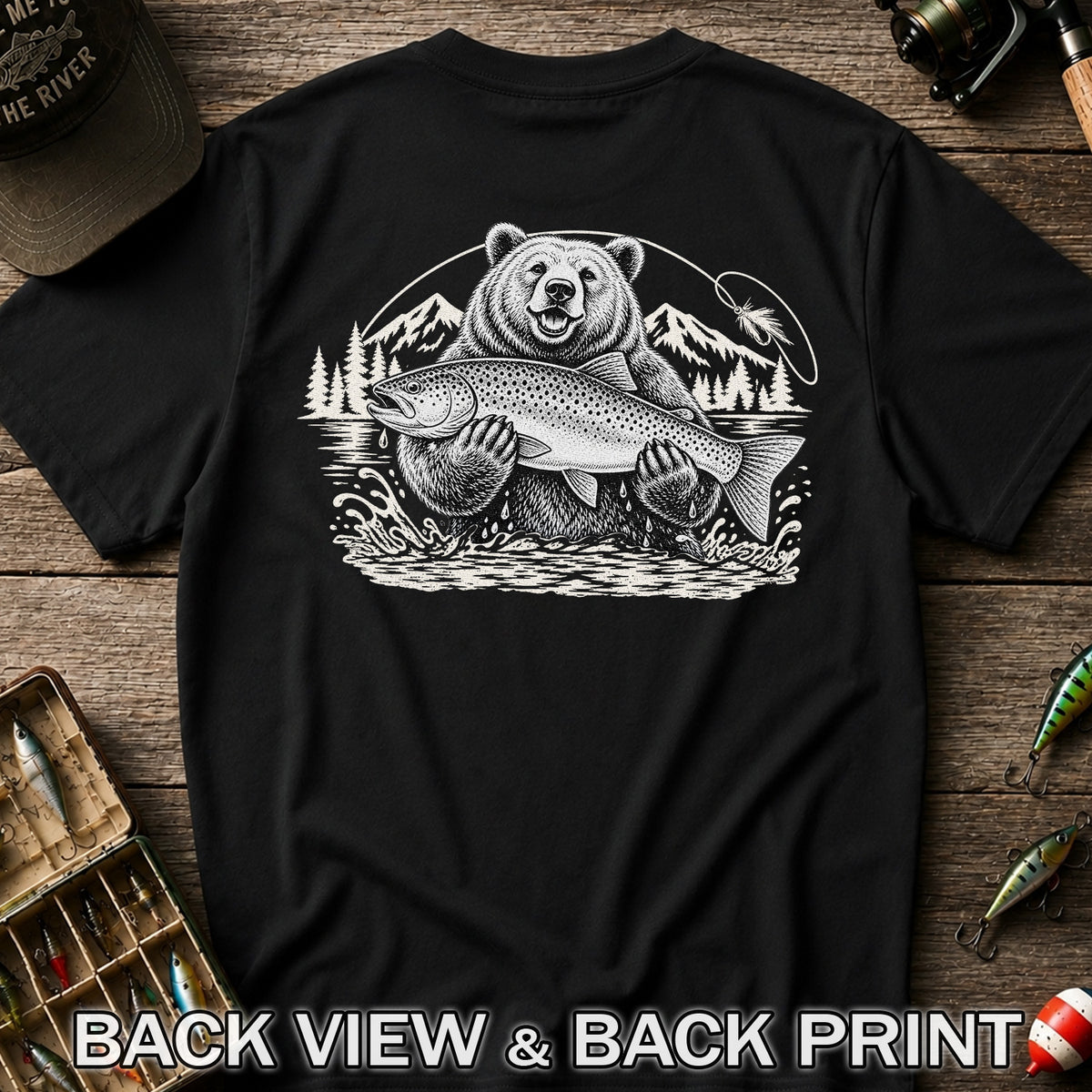 Bear Holding Trout in Mountain Lake Fishing Graphic T-Shirt | Back Print