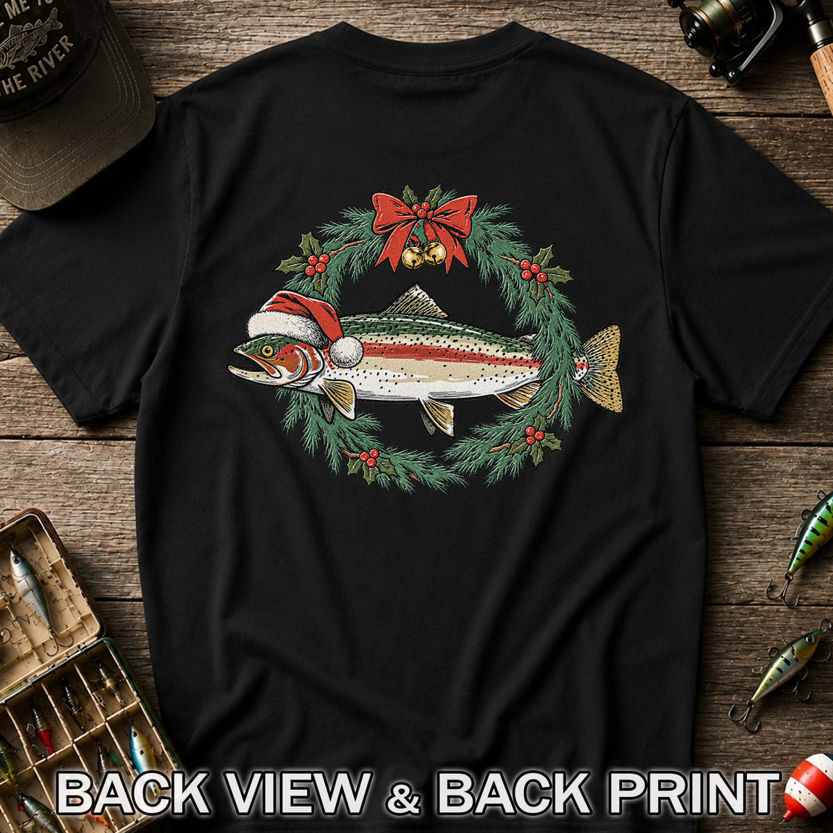 Christmas Trout Wreath Fishing Graphic T-Shirt | Back Print