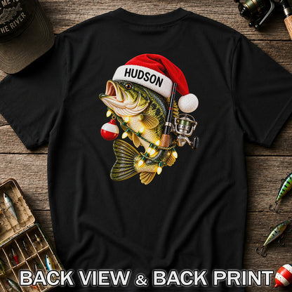 Hudson Santa Hat Bass Christmas Fishing Graphic T-Shirt | Back Print