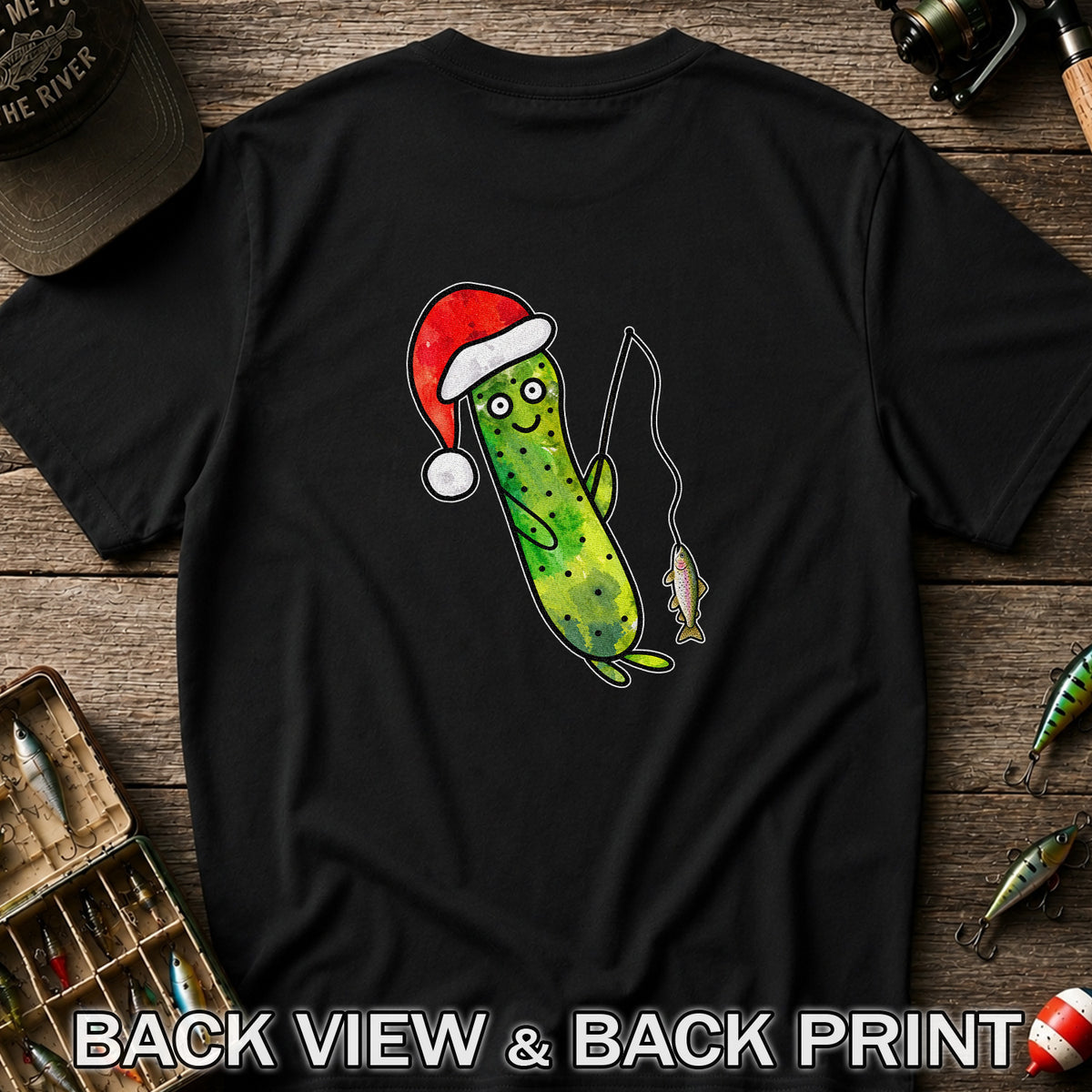 Santa Hat Cucumber Fishing for Trout Graphic T-Shirt | Back Print