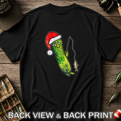 Santa Hat Cucumber Fishing for Trout Graphic T-Shirt | Back Print