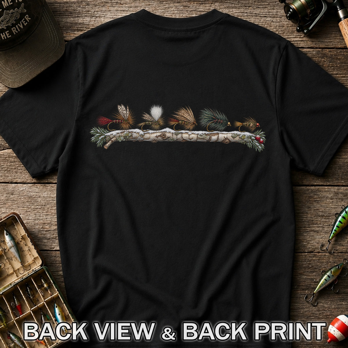 Christmas Fly Fishing Flies on Evergreen Branch Graphic T-Shirt | Back Print