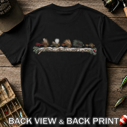 Christmas Fly Fishing Flies on Evergreen Branch Graphic T-Shirt | Back Print