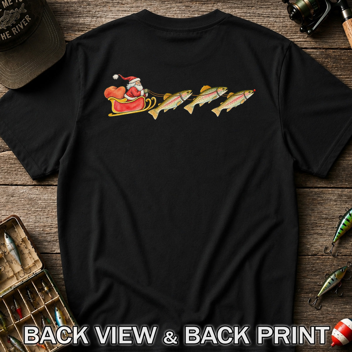 Santa Sleigh Pulling Rainbow Trout Fishing Graphic T-Shirt | Back Print