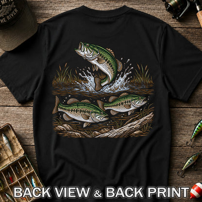 Largemouth Bass Jumping River Fishing Graphic T-Shirt | Back Print