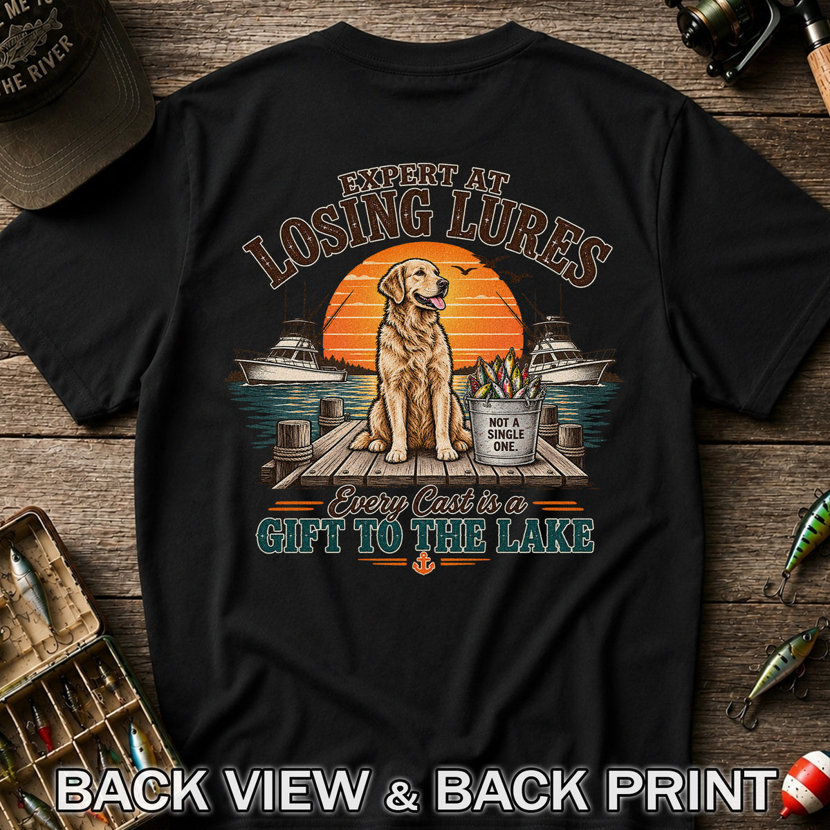 Expert at Losing Lures Golden Retriever Funny Fishing T-Shirt | Back Print