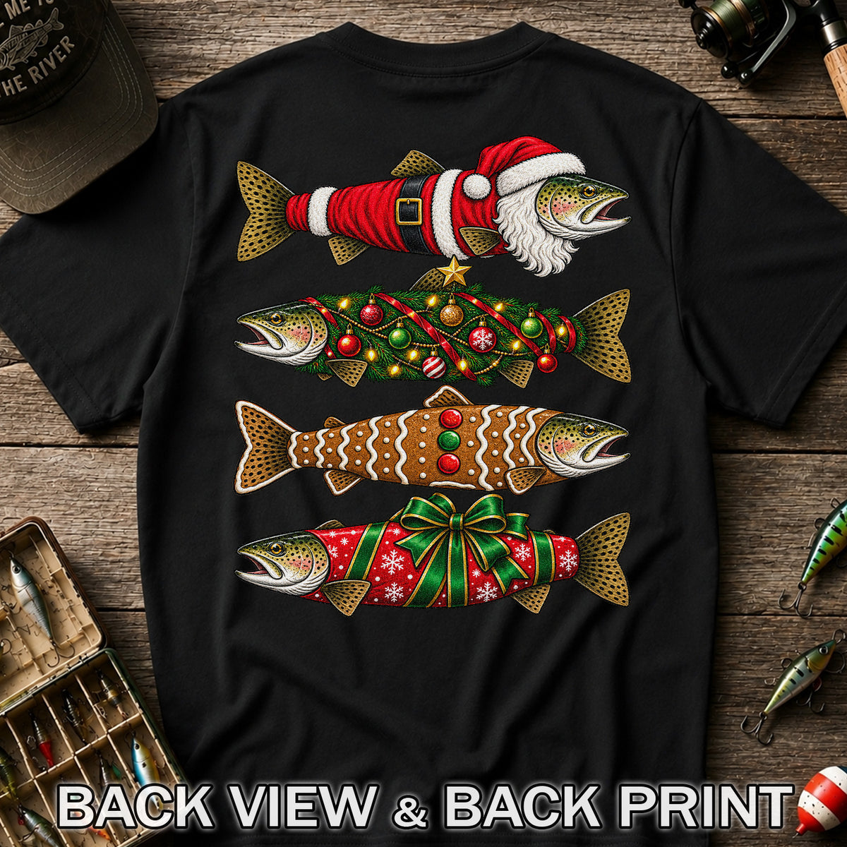 Festive Christmas Trout Santa and Gingerbread Fishing T-Shirt | Back Print