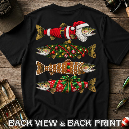 Festive Christmas Trout Santa and Gingerbread Fishing T-Shirt | Back Print