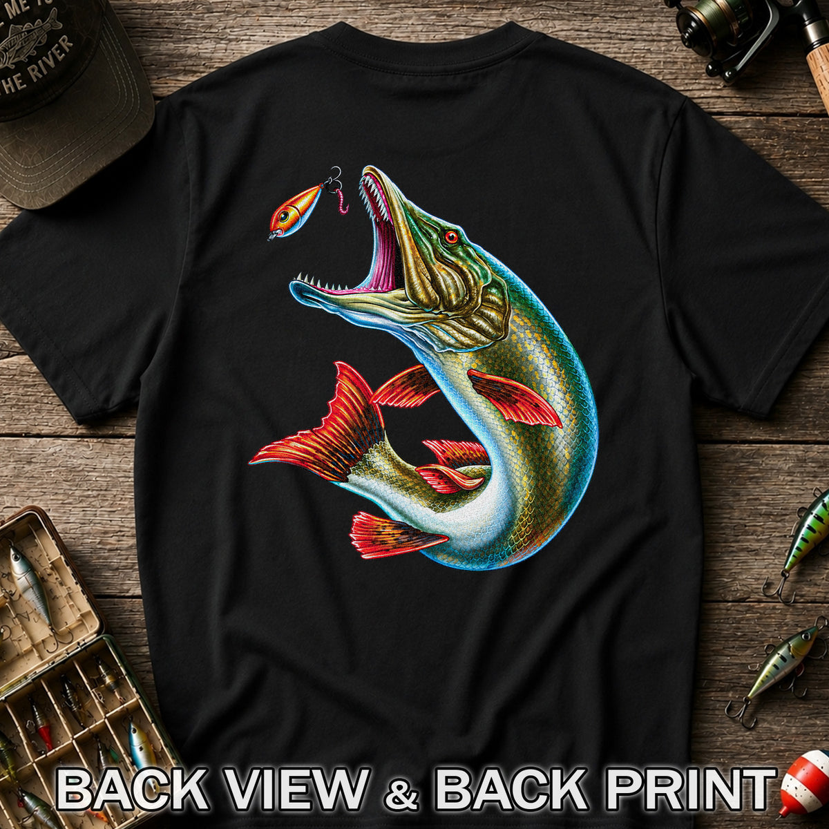 Northern Pike Chasing Fishing Lure Graphic T-Shirt | Back Print