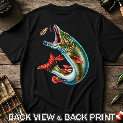 Northern Pike Chasing Fishing Lure Graphic T-Shirt | Back Print