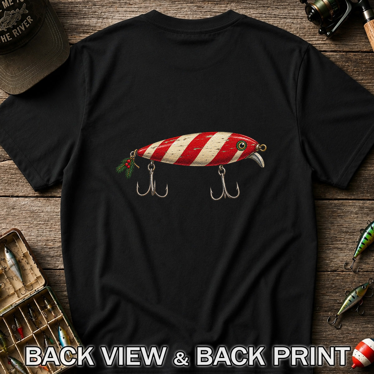 Vintage Red and Cream Fishing Lure Graphic T-Shirt | Back Print