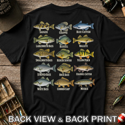 Bass Crappie and Catfish Freshwater Fish Chart Graphic T-Shirt | Back Print