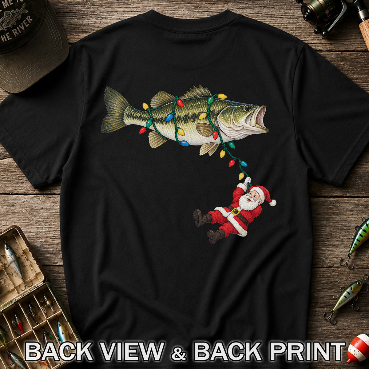 Santa Hanging from Christmas Lights on Bass Fishing Graphic T-Shirt | Back Print