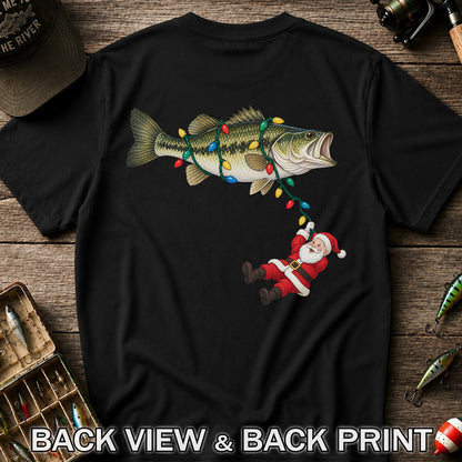 Santa Hanging from Christmas Lights on Bass Fishing Graphic T-Shirt | Back Print