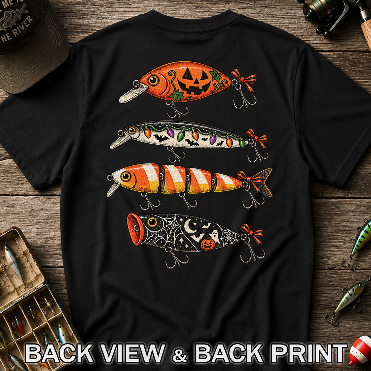 Halloween Fishing Lures with Pumpkin, Ghost and Candy Corn Graphic T-Shirt | Back Print