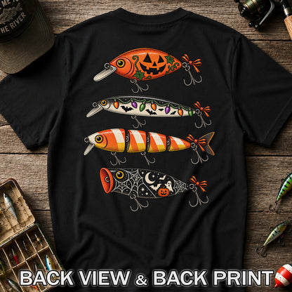 Halloween Fishing Lures with Pumpkin, Ghost and Candy Corn Graphic T-Shirt | Back Print