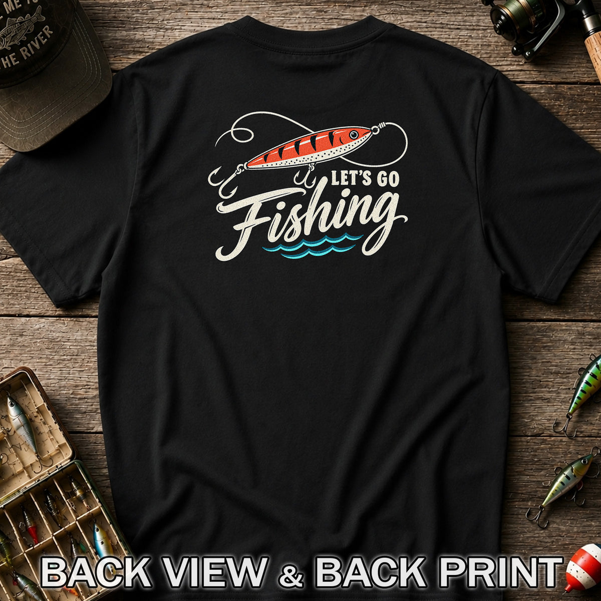 Let's Go Fishing Retro Fishing Lure Graphic T-Shirt | Back Print