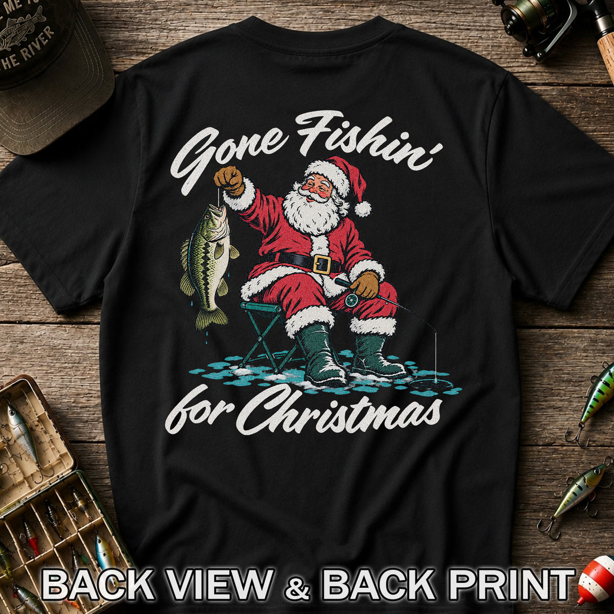 Santa Fishing with Bass Christmas Graphic T-Shirt | Back Print