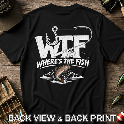 WTF Where's the Fish Jumping Trout and Fishing Rod T-Shirt | Back Print