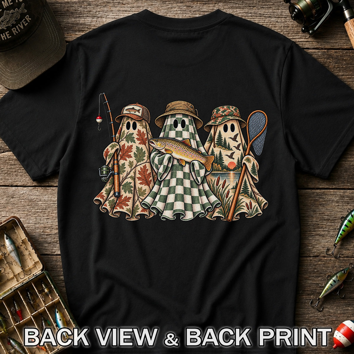 Autumn Ghost Trio with Brown Trout Halloween Fishing T-Shirt | Back Print