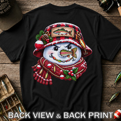 Christmas Snowman Trout Fishing Graphic T-Shirt | Back Print