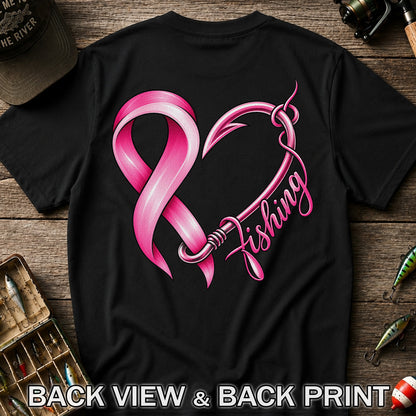Pink Ribbon Heart Fish Hook Fishing Graphic T-Shirt | Back Print