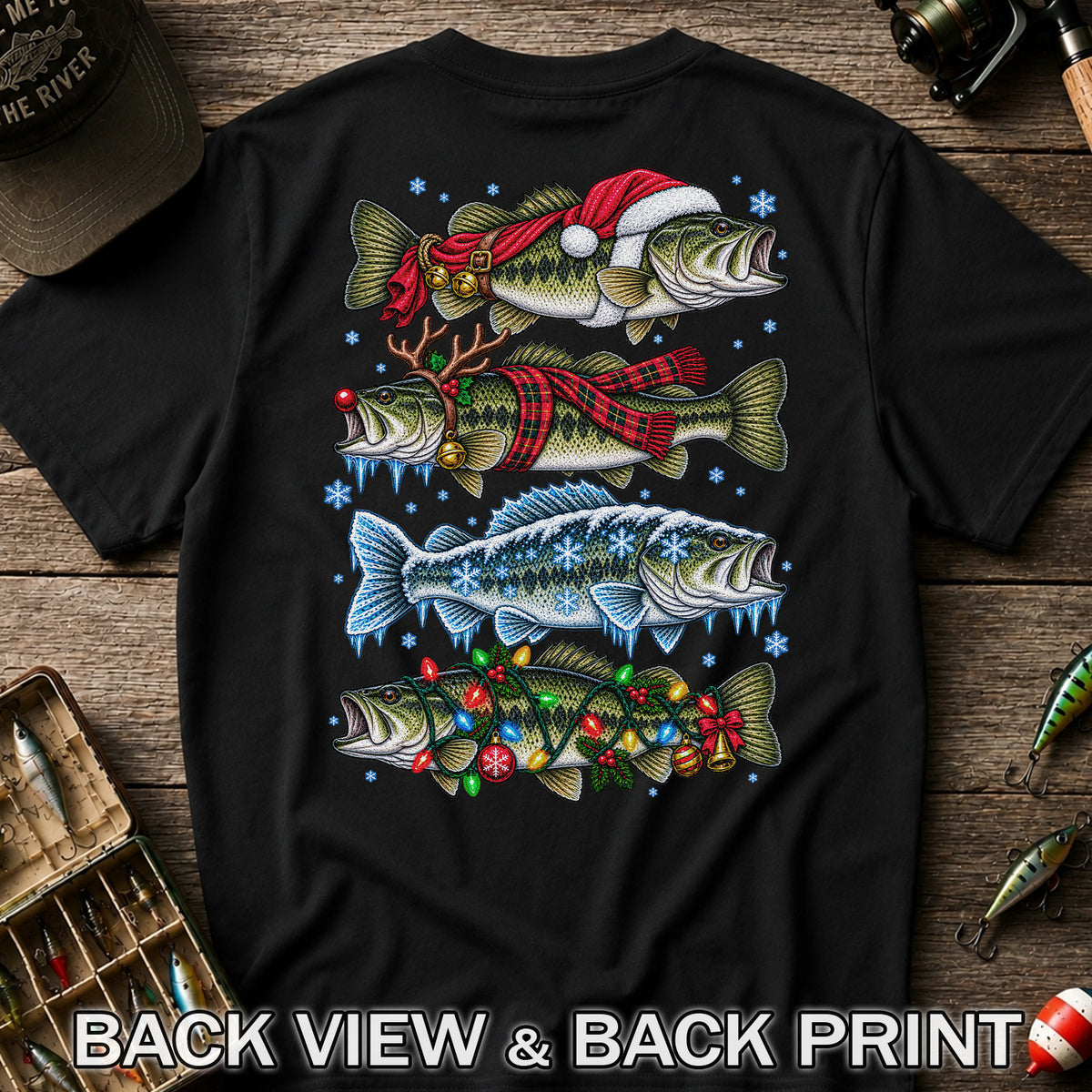 Christmas Bass with Santa Hat and Holiday Lights Fishing T-Shirt | Back Print