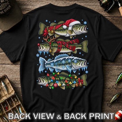 Christmas Bass with Santa Hat and Holiday Lights Fishing T-Shirt | Back Print