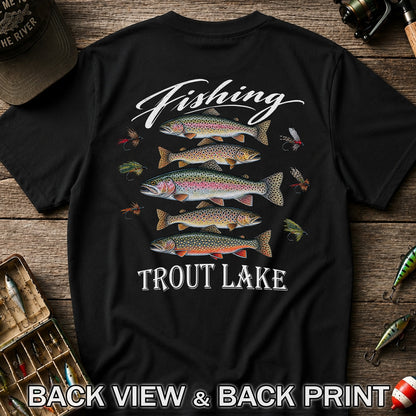 Fishing Trout Lake Vintage Trout and Flies Graphic T-Shirt | Back Print