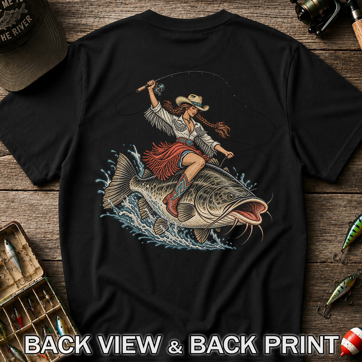 Cowgirl Riding a Largemouth Bass Fishing Graphic T-Shirt | Back Print