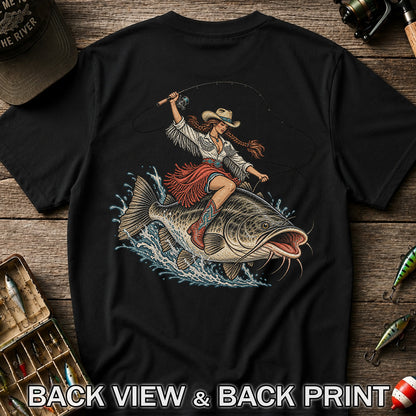 Cowgirl Riding a Largemouth Bass Fishing Graphic T-Shirt | Back Print