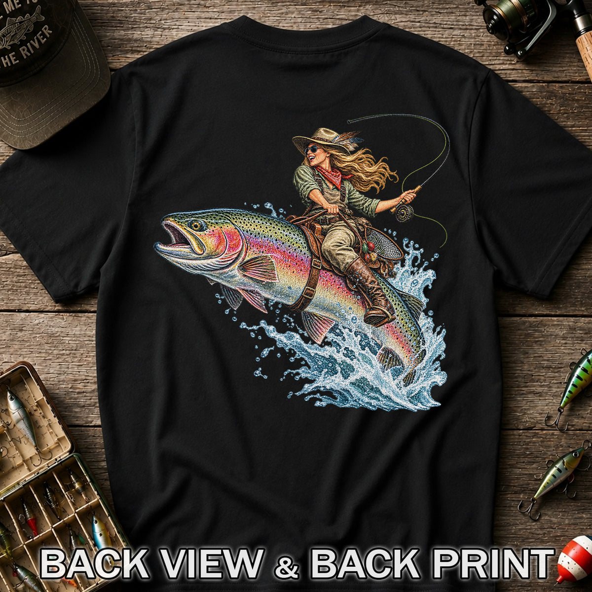 Cowgirl Riding a Rainbow Trout Fly Fishing Graphic T-Shirt | Back Print