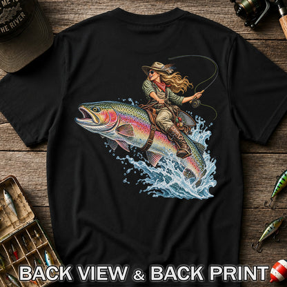 Cowgirl Riding a Rainbow Trout Fly Fishing Graphic T-Shirt | Back Print