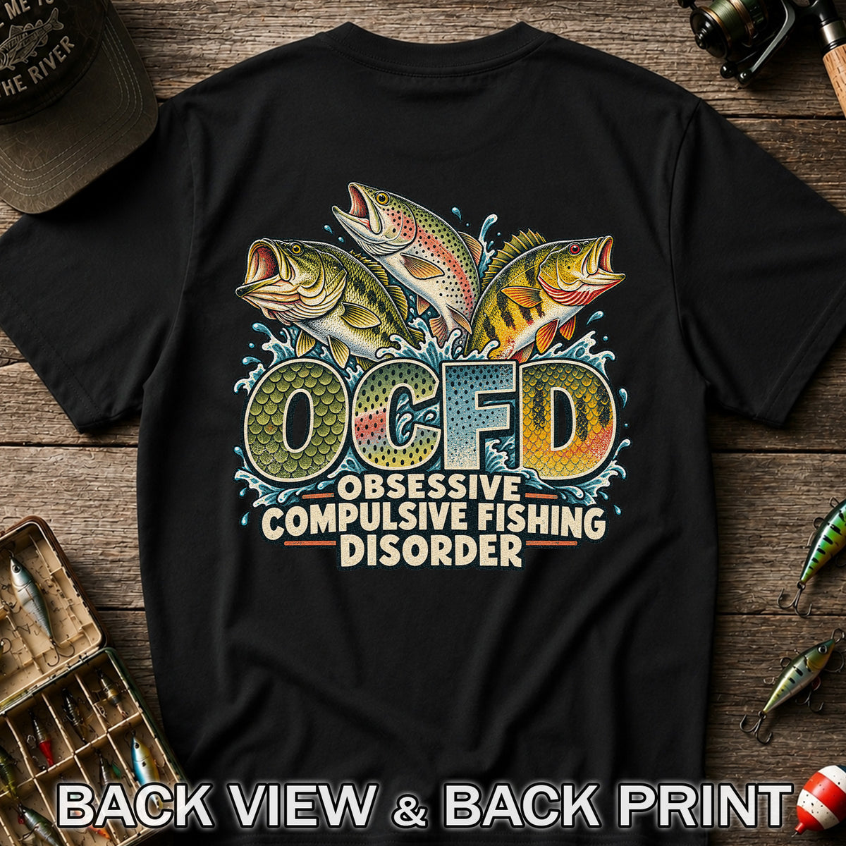OCFD Obsessive Compulsive Fishing Disorder Bass and Trout T-Shirt | Back Print