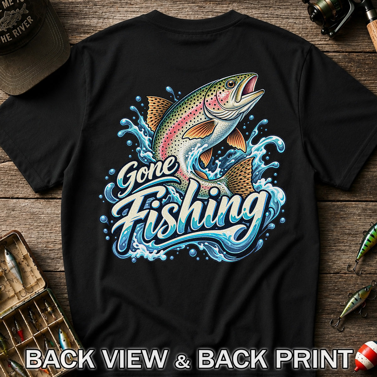 Gone Fishing Jumping Rainbow Trout Splash Graphic T-Shirt | Back Print