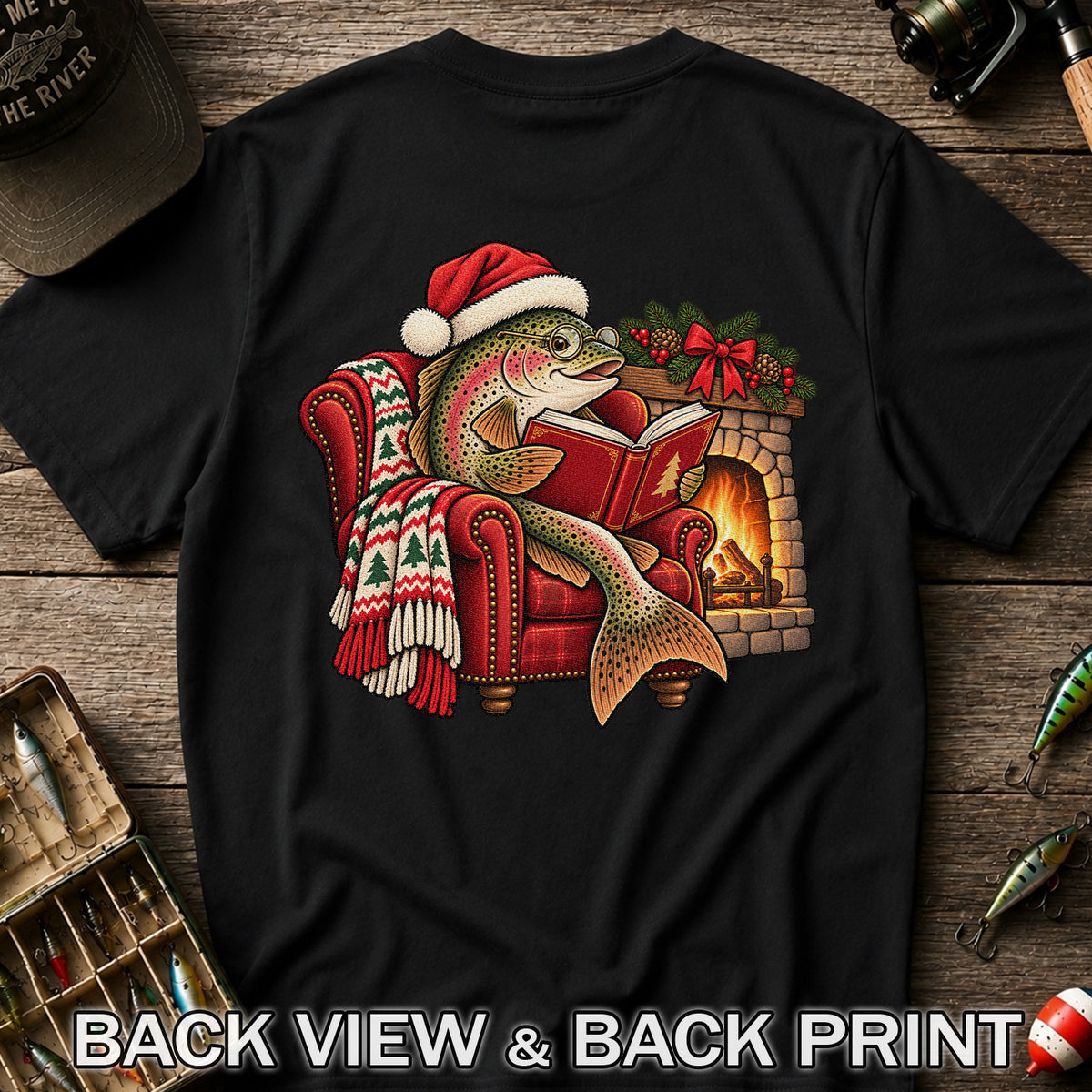 Christmas Trout Reading by the Fireplace Fishing T-Shirt | Back Print